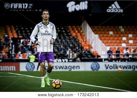 VALENCIA, SPAIN - FEBRUARY 22: Cristiano Ronaldo during La Liga soccer match between Valencia CF and Real Madrid at Mestalla Stadium on February 22, 2017 in Valencia, Spain