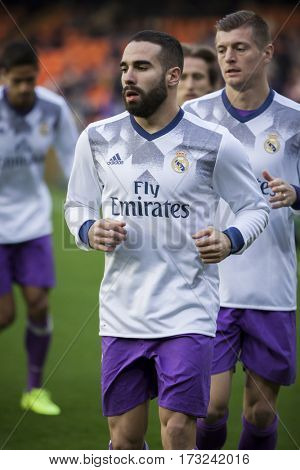 VALENCIA, SPAIN - FEBRUARY 22: (C) Daniel Carvajal during La Liga soccer match between Valencia CF and Real Madrid at Mestalla Stadium on February 22, 2017 in Valencia, Spain