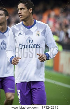 VALENCIA, SPAIN - FEBRUARY 22: Raphael Varane during La Liga soccer match between Valencia CF and Real Madrid at Mestalla Stadium on February 22, 2017 in Valencia, Spain