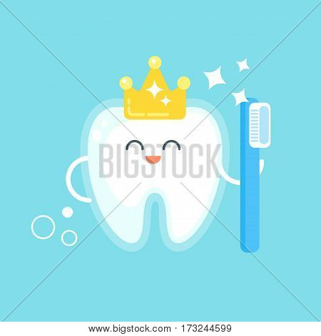 Vector flat style illustration of happy tooth with crown. Icon for web. Isolated on white background.