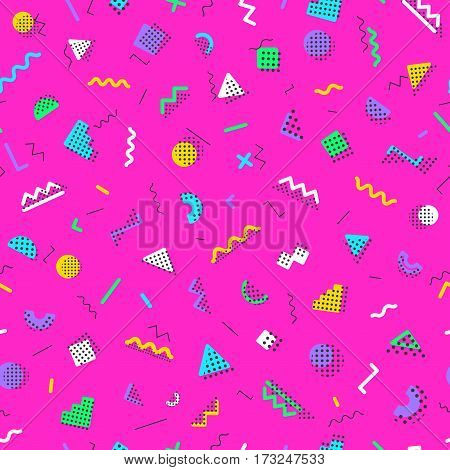 Memphis seamless pattern styles on pink background. Trendy memphis style. Colorful geometric seamless pattern different shapes color style. Hipster memphis style. Vector Illustration