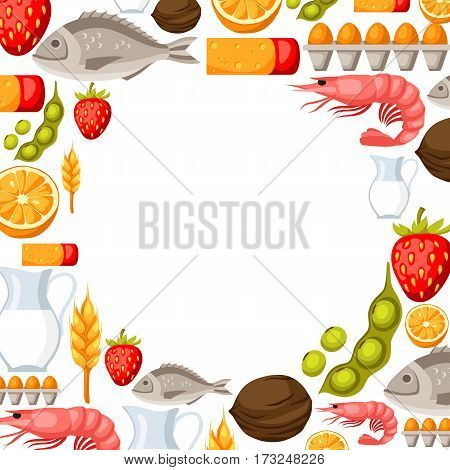 Food allergy background with allergens and symbols. Vector illustration for medical websites advertising medications.