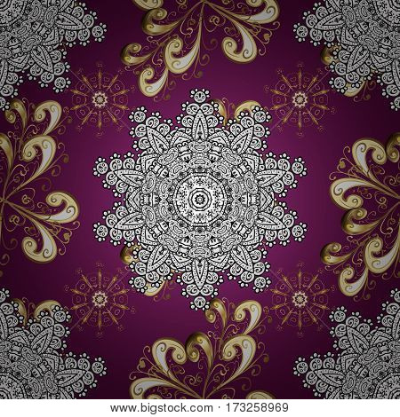 Seamless Pattern On Purple Background With Golden Elements. Openwork Delicate Golden Pattern. Brilli