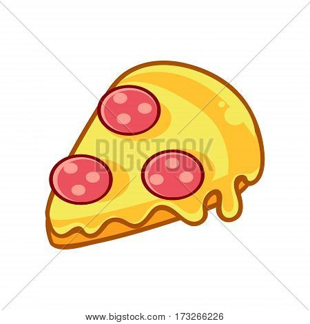 Slice Of Pepperoni Pizza, Food Item Outlined Isolated Childish Icon For Flash Game Design Or Slot Machine. Eatable Element Of Farming Video Game For Children Cartoon Vector Illustration.