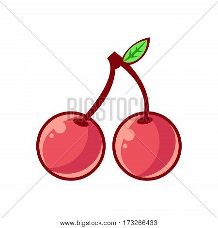 Two Cherries With Leaf, Food Item Outlined Isolated Childish Icon For Flash Game Design Or Slot Machine. Eatable Element Of Farming Video Game For Children Cartoon Vector Illustration.