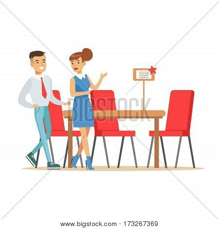Couple Buying Big Dining Table And Chairs For Dining Room, Smiling Shopper In Furniture Shop Shopping For House Decor Elements. Cartoon Characters Looking For Home Interior Design Items In Shopping Mall.