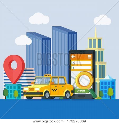 Online taxi service. Banner in flat 3d style. Yellow taxi cab. Mobile phone with map and big city on background. City silhouette with skyscrapers. Vector illustrations flat design in flat modern style