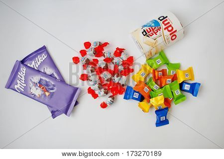 Dusseldorf, Germany - February 18, 2017: Different Chocolates Such As Milka, Ferrero Duplo, Kinder A
