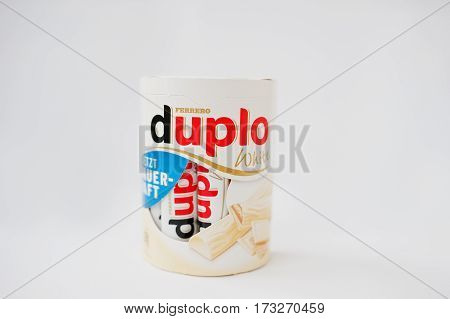 Dusseldorf, Germany - February 18, 2017: Box Of Chocolates Ferrero Duplo On White Background.