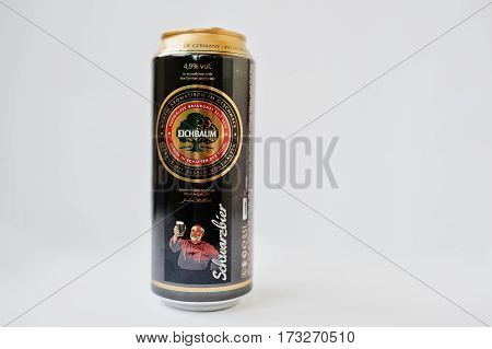 Dusseldorf, Germany - February 18, 2017: Iron Bottles Can Of Eichbaum Schwarzbier Beer On White Back