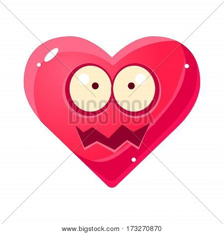 Shocked Ans Shaken Emoji, Pink Heart Emotional Facial Expression Isolated Icon With Love Symbol Emoticon Cartoon Character. Simple Heart-Shaped Face With Emotion Vector Sticker For Social Networks.