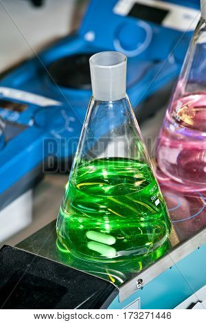 Digital magnetic hotplate stirrer. Mixing and distilling equipment in chemical laboratory
