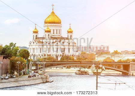 View from the river to the Cathedral of Christ the Saviour in Moscow