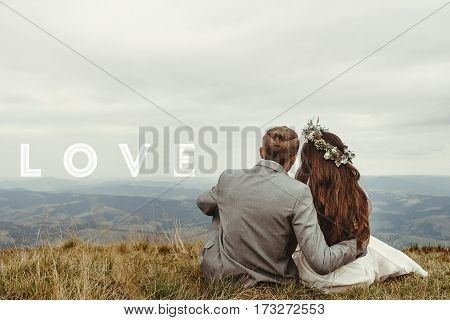 Happy Gorgeous Bride And Groom Sitting On Top Of A Mountain, Perfect Moment, Boho Wedding Couple,lov