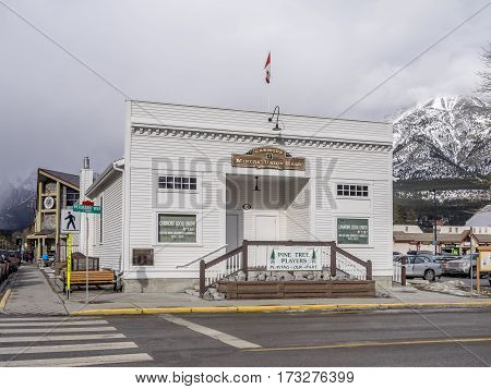 CANMORE, CANADA - FEB 19: Historic Canmore Miners Union Hall on February 19, 2017 in Canmore, Alberta, Canada. Before Canmore became a mountain tourist destination, it was a mining town.