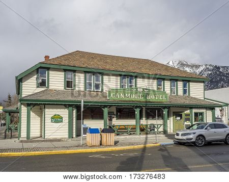 CANMORE, CANADA - FEB 19: Historic Canmore Hotell on February 19, 2017 in Canmore, Alberta, Canada. Before Canmore became a mountain tourist destination, it was a mining town.