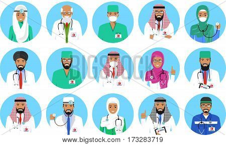 Medical concept. Set of colorful medical staff people in flat style icons: muslim arabian doctors and nurses. Vector illustration.