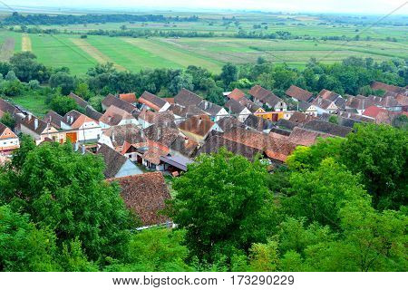 Aerial view of the village Ungra, Transylvania, Romania.
