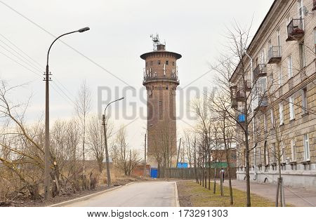 Old water tower in Metallostroy outskirts of Saint Petersburg Russia.