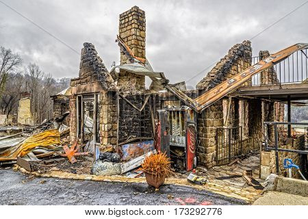 GATLINBURG TENNESSEE/USA - DECEMBER 14 2016: Only the shell of a motel office remains after being destroyed by a forest fire in Gatlinburg in late 2016.