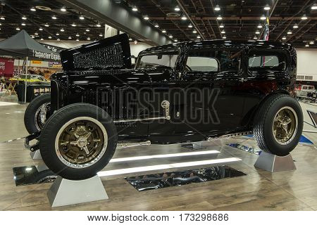 DETROIT MI/USA - February 25 2017: A 1932 Ford Tudor sedan interpretation, "Great 8" finalist and contender for the Ridler trophy, on display at the Detroit Autorama, a showcase of custom and restored cars.