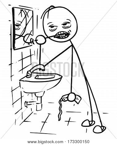 Cartoon vector stickman cleaning his tooth in the bathroom in front of the mirror. Very tired or sick or drunk.