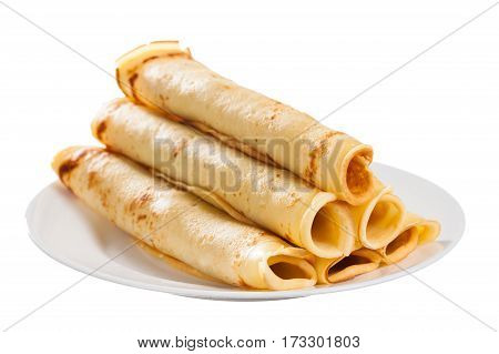 Homemade crepes with pork on white background