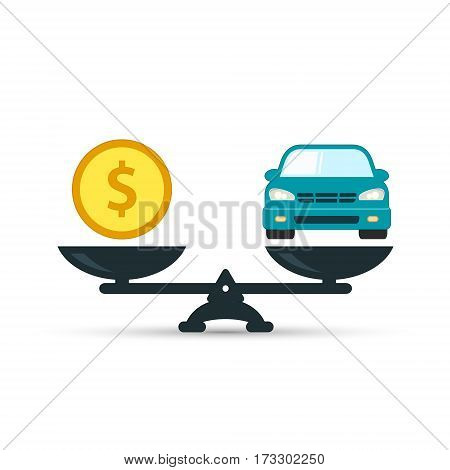 Car and money on scales icon vector. Scales with car and dollar coin in flat style. Buying car concept.