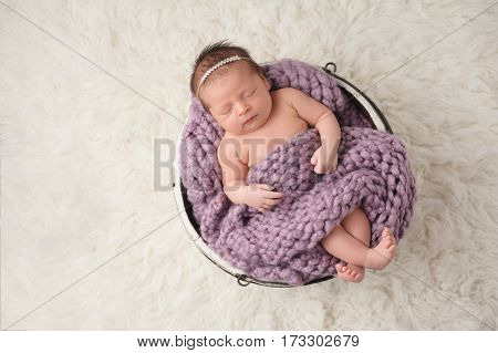 A nine day old newborn baby girl sleeping in a little wooden bucket. She is covered with a lavender colored chunky blanket. Shot in the studio on a flokati rug background.