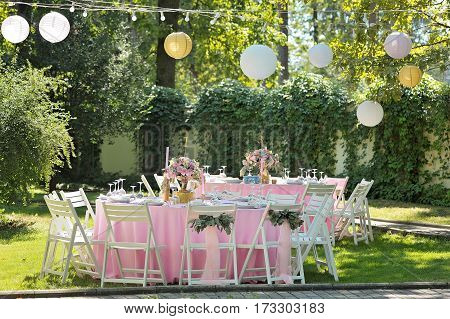Wedding Guest Numbered Table, Decorated With Bouquet And Cloth, In Pink Colours