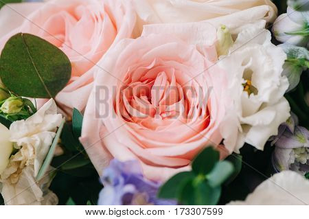 Wedding Card Bacground. Beautiful Bouquet With White And Pink Roses And Green Leaves, Closeup