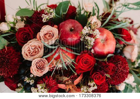 Autumnal Wedding Bouquet Of Roses, Apples, Grape And Pomergranate, In Red Colour, Closeup