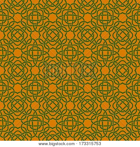 Clover Seamless Pattern In Celtic Style. St. Patrick's Day Endless Repeat Backdrop In Green And Oran
