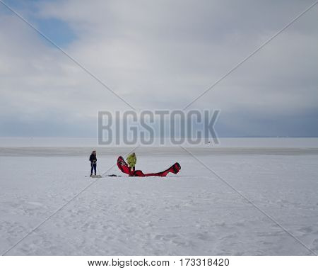 St. Petersburg, Sestroretsk -26.02.2017: Residents vacationing families, doing active winter sports