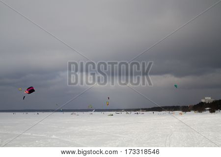 St. Petersburg, Sestroretsk -26.02.2017: Residents vacationing families, doing active winter sports