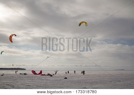 St. Petersburg, Sestroretsk -26.02.2017: Residents vacationing families, doing active winter sports