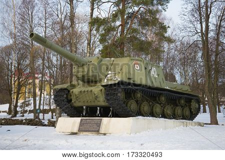 PRIOZERSK, RUSSIA - FEBRUARY 18, 2017: The self-propelled artillery cannon of ISU-153 participating in liberation of Priozersk during the Great Patriotic War in the February afternoon