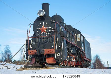 SORTAVALA, RUSSIA - FEBRUARY 18, 2017: Russian and Soviet steam locomotive "Er-788-81" - a monument at the railway station of Sortavala