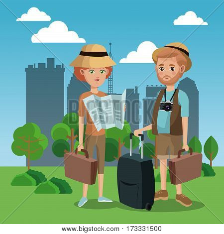 couple tourist map luggage camera hat green field city background vector illustration eps 10