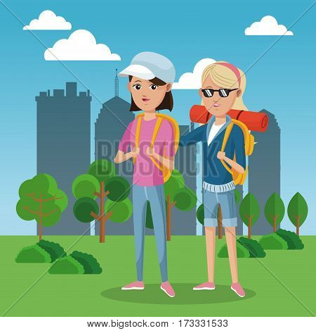 two girl frinds tourist rucksack cap green field city background vector illustration eps 10