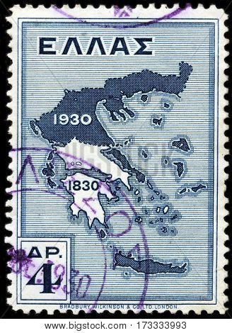 LUGA RUSSIA - FEBRUARY 7 2017: A stamp printed by GREECE shows Map of Greece (1830-1930) historically also known as Hellas - a country in southeastern Europe circa 1930