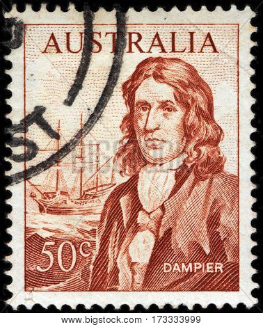 LUGA RUSSIA - FEBRUARY 7 2017: A stamp printed by AUSTRALIA shows image portrait of famous English explorer and navigator William Dampier circa 1964