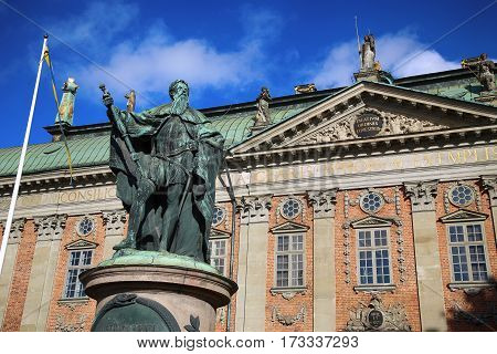 Statue of Gustavo Erici in front of Riddarhuset in Stockholm Sweden