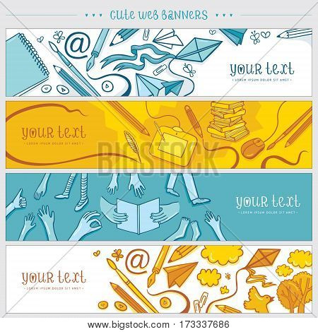 Set of hand drawn banners for contact information creative concept for designers in vector. Cards with stationery graphical tools paper airplane and kite