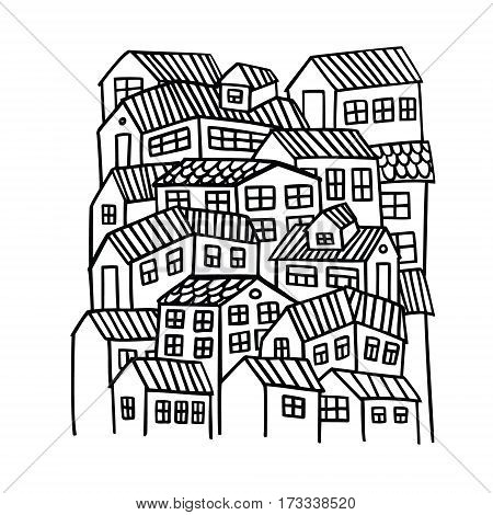 Black and white isolated image of cute houses. Can be used as a small city logotype or a template for home decoration