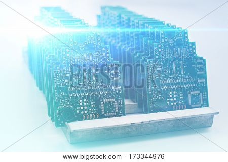 The concept of future technologies. Computer board with visual effects in a futuristic style. Conceptual image of high technologies of the future.