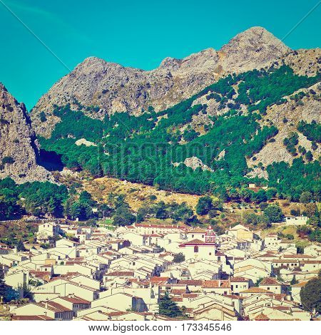 Aerial View to the White Spanish City of Grazalema Instagram Effect