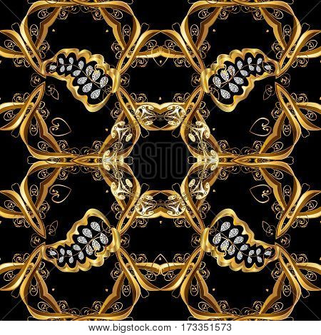Floral. Golden Seamless Sketch Raster Background. Snowflake Christmas New Year. Luxury Background. G