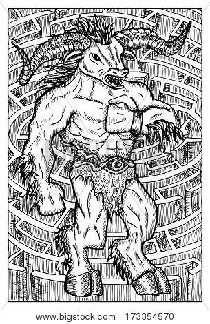 Minotaur monster and labyrinth. Hand drawn vector illustration. Engraved line art drawing, black and white doodle. 