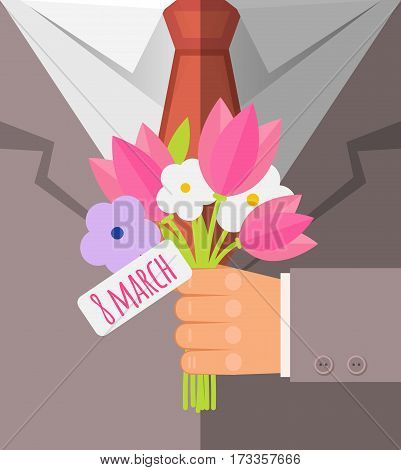 Happy International Women's Day, 8 March  Postcard. Businessman  Holding Bouquet Of Pink Tulp And Wh